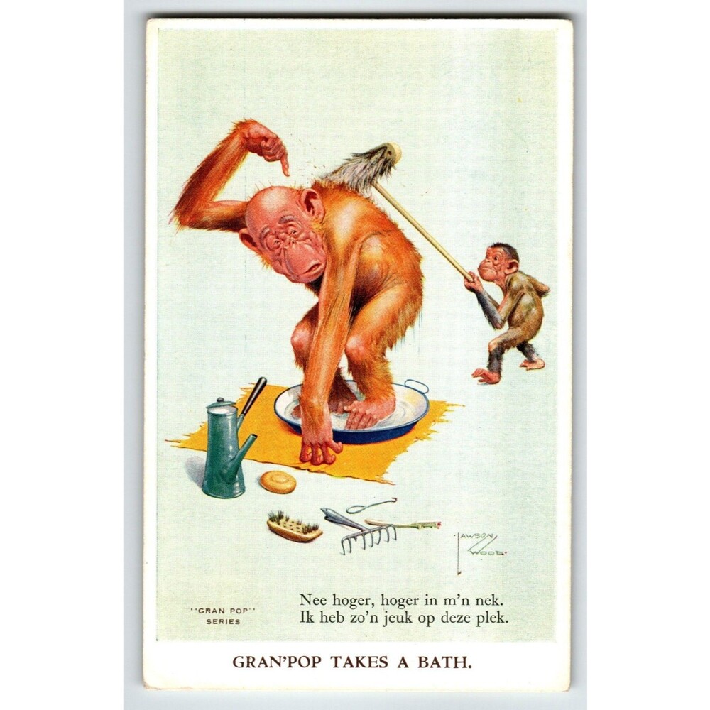 Monkey Chimp Scrubs Dad Bath Postcard Larson Wood Signed Fantasy Anthropomorphic